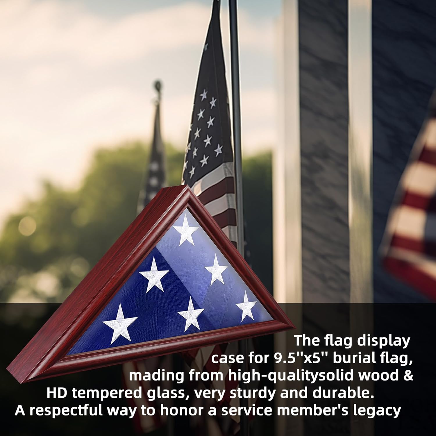 Flag Display Case - 5' x 9.5' Funeral & Military Flag Shadow Box with HD Tempered Glass and Wall Mount, Folded Triangle Flag Holder Frame for Veterans, Red