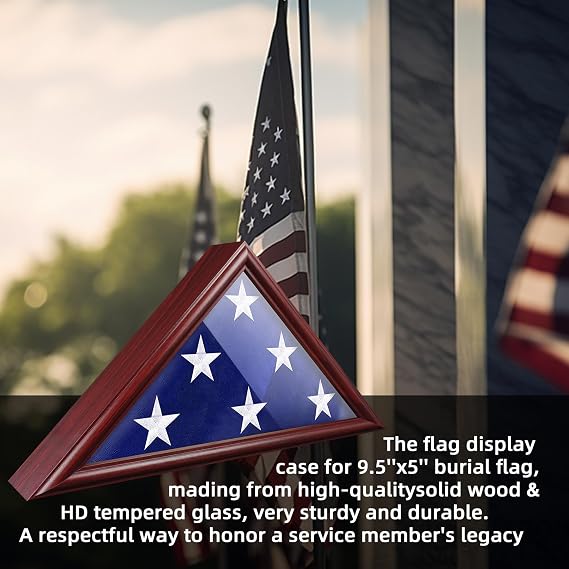 ASmileIndeep Flag Display Case - 5' x 9.5' Funeral & Military Flag Shadow Box with HD Tempered Glass and Wall Mount, Folded Triangle Flag Holder Frame for Veterans, Red