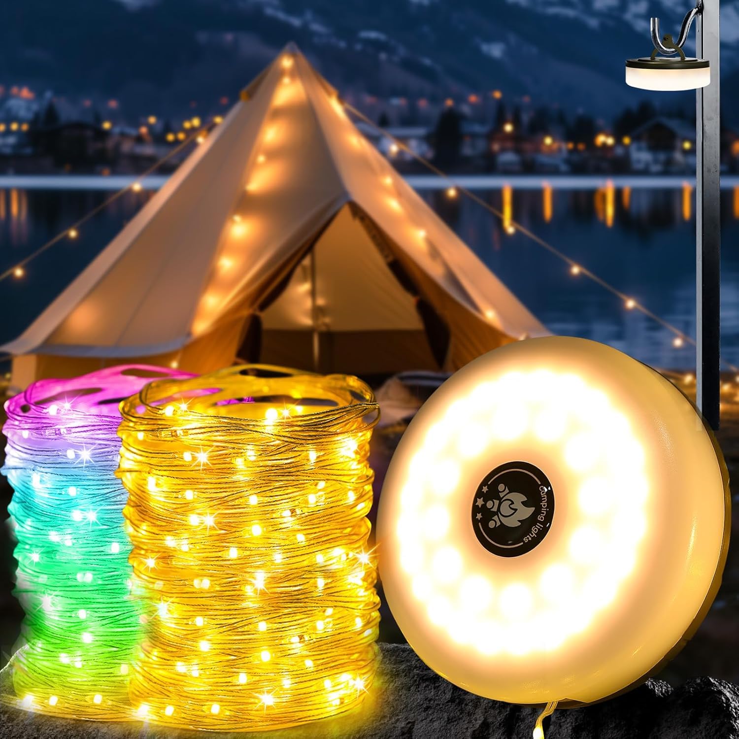 Camping String Lights, 10M Waterproof Portable Outdoor Camping Fairy Lights 8 Lighting Modes,USB Rechargeable Retractable Camp Light 3 in 1 for Tent RV Hiking Yard Patio Garden Party Decor,Multicolour
