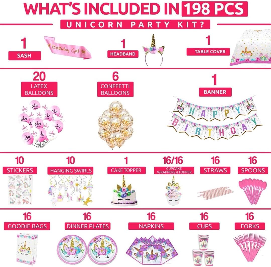 Unicorn Birthday Decorations - Unicorn Party Decorations for Girls Serves 16 Includes Happy Birthday Banner,Napkins,Cake Topper,Headband,Sash & Large Tablecloth for Creating Themed Party - Image 2