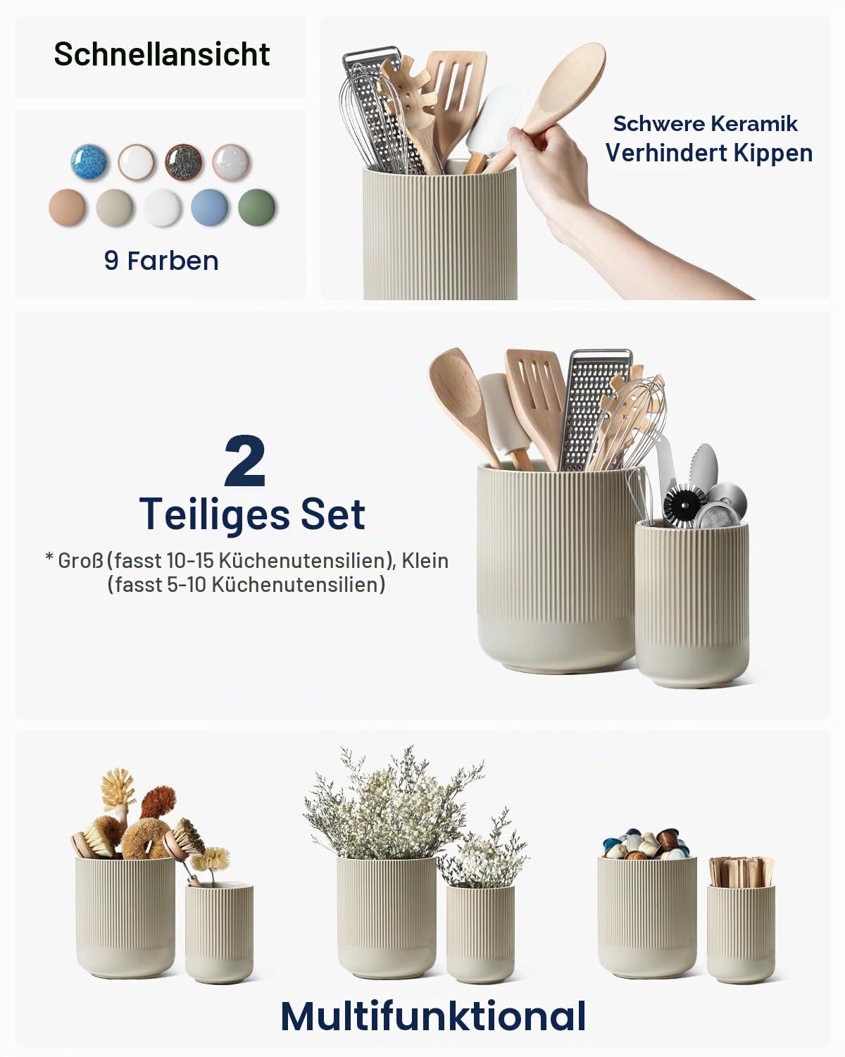 LE TAUCI Küchenutensilienhalter, 18,5+14 cm Keramik Utensilienhalter Küche, Große Küchenhelfer-Halter für die Küchenplatte, Moderner Organizer für Pfannenwender, 2er-Set, Natur-Greige