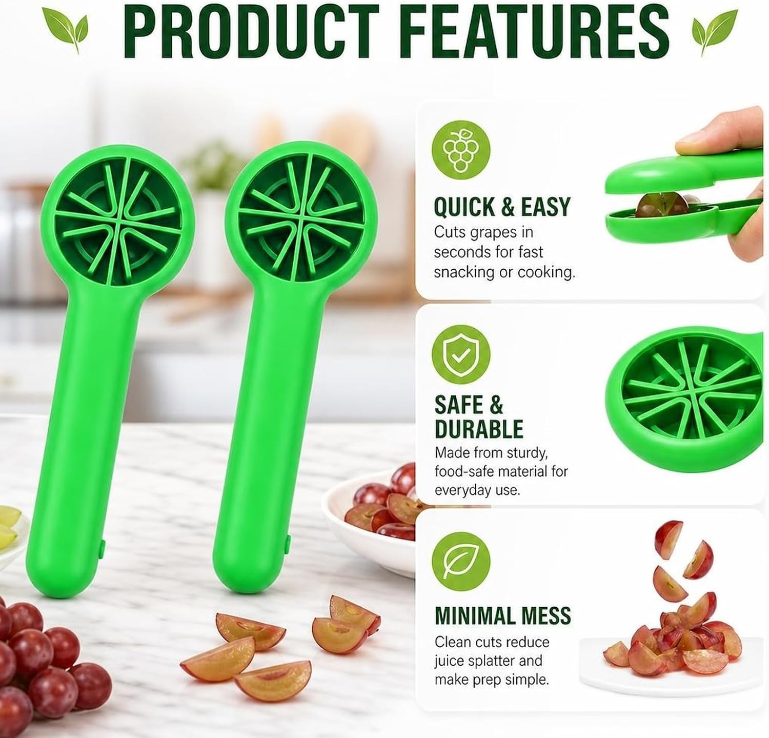 2PCS Grape Cutter, Fruit Slicer and Cutter Tool, Efficient Fruit Slicing Gadget for Salad Preparation and Party Platters, Compact Kitchen Tool for Meal Prep and Outdoor Use