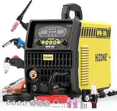 HIZONE Multifunctional Welders Plasma Cutter Combo 200A,8 in 1 Multiprocess Welder Gas MIG/PULSE MIG/MAG/Flux Gasless MIG/HF TIG/Stick/CUT/SPOT MIG 110/220V Dual Voltage Aluminum Welding Machine