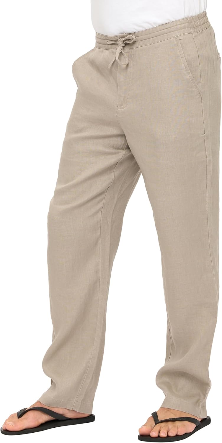 Men's Casual 100% Linen Pants with Drawstring and Elastic Waist