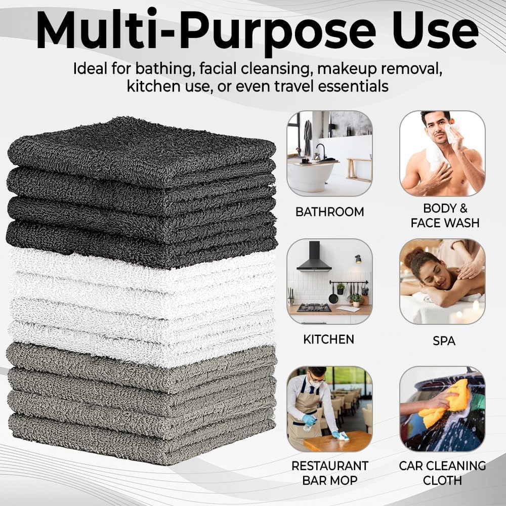 100% Cotton Washcloth Set – Soft, Absorbent Face Towels for Bathroom & Gym Use –Reusable, Durable & Machine Washable - Dark Grey, White & Light Grey, 12x12 Inches, Pack of 12 - Image 6