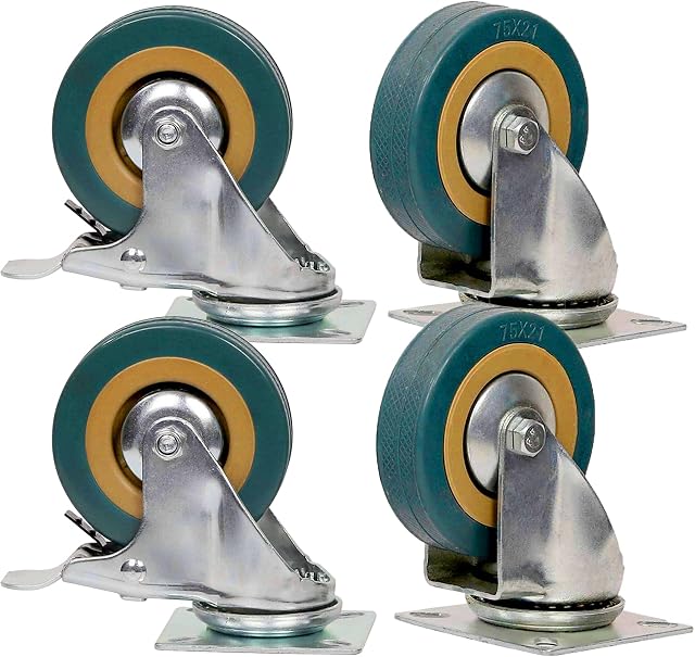 KINJOEK 4 Pack 3 Inch Caster Wheels Swivel 2 with Brakeand 2 Non Brake,360 Degree Polyvinyl Chloride Rubber Wheels for Carts, Furniture, Workbench, Trolley, 440lb Capacity