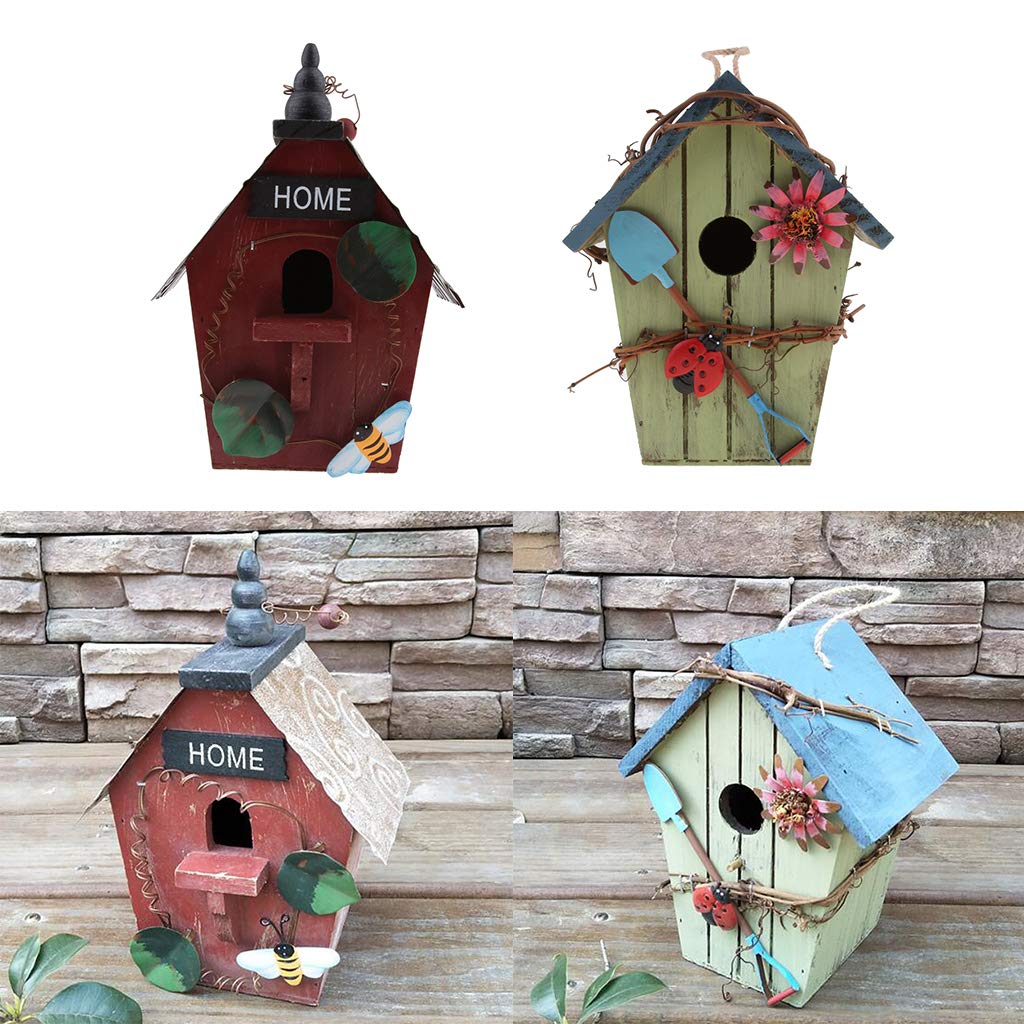 Casa Pájaros Madera 2 Piezas Azul Rojo