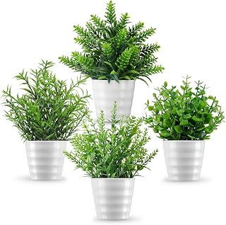 4 Pack Fake Plants Greenery Small Faux Plastic potted Plant Artificial Plants Indoor for Living Room Home Decor Modern Bathroom Kitchen Counter Office Desk Farmhouse Classroom Decor Camper Décor