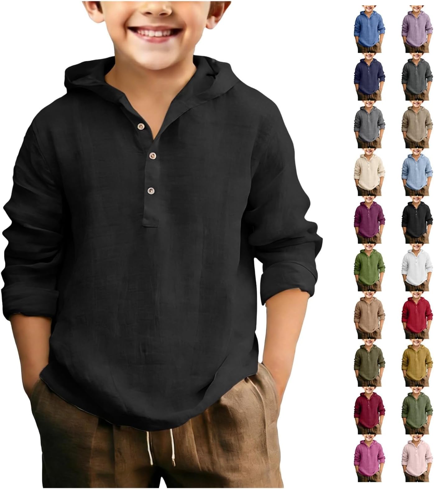 Boys Linen Shirt Hoodie Button Up Henley Long Sleeve Dress Shirts Cotton Ligh...