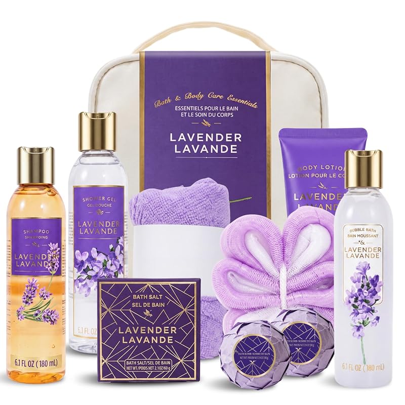 SPA LUXETIQUE WORLD Conjunto de banho e cuidados corporais com 10 peças, máscara de seda para os olhos e nécessaire de viagem, fragrância de lavanda