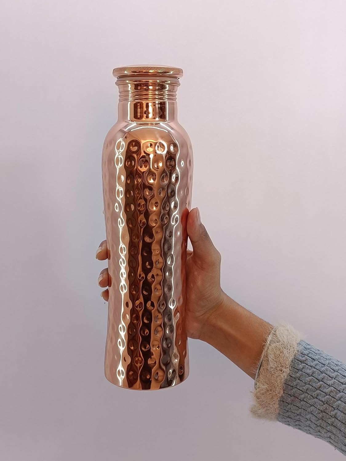 Cop29 Fairy Copper Glossy Hammered Water Bottle- 30oz/900ml | A Handcrafted Leak Proof Ayurvedic Pure Copper Vessel | Ideal for Hydration, Sports, Yoga & Daily Use | Enjoy the Health Benefits