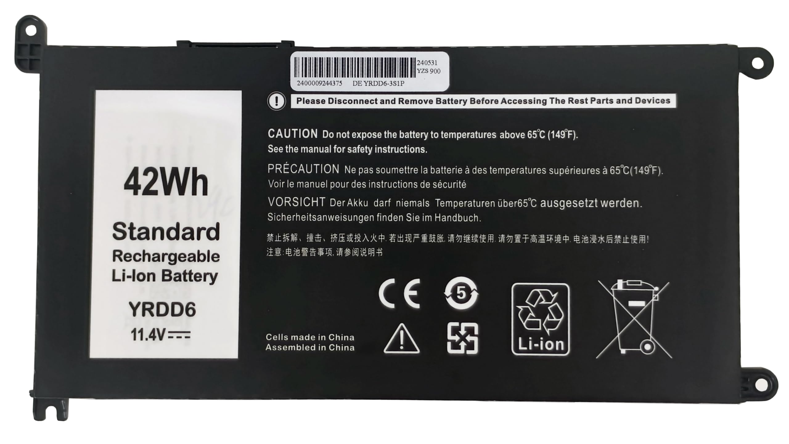 YRDD6 pour Dell Inspiron 5481 5583 3584 3781 Vostro 5481 5581 3583 5590 5490 3500 Latitude 3500, Compatible avec 1VX1H VM732 FDRHM WJPC4, 42Wh
