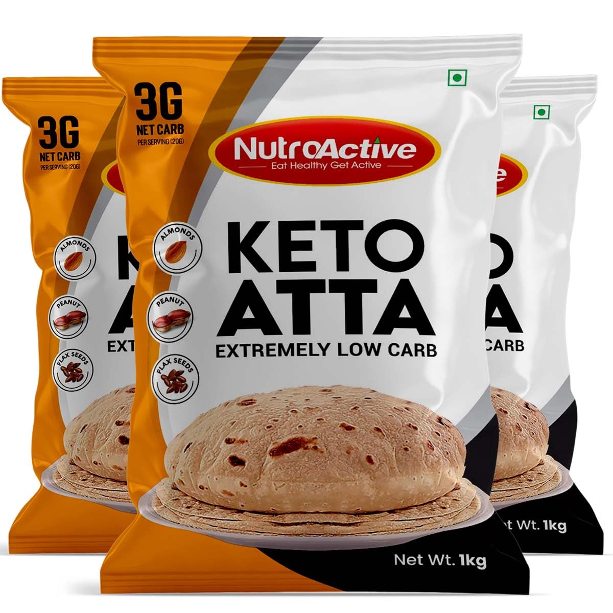 NutroActive Keto Atta Extremely Low Carb Flour - 1kg (Pack of 3)