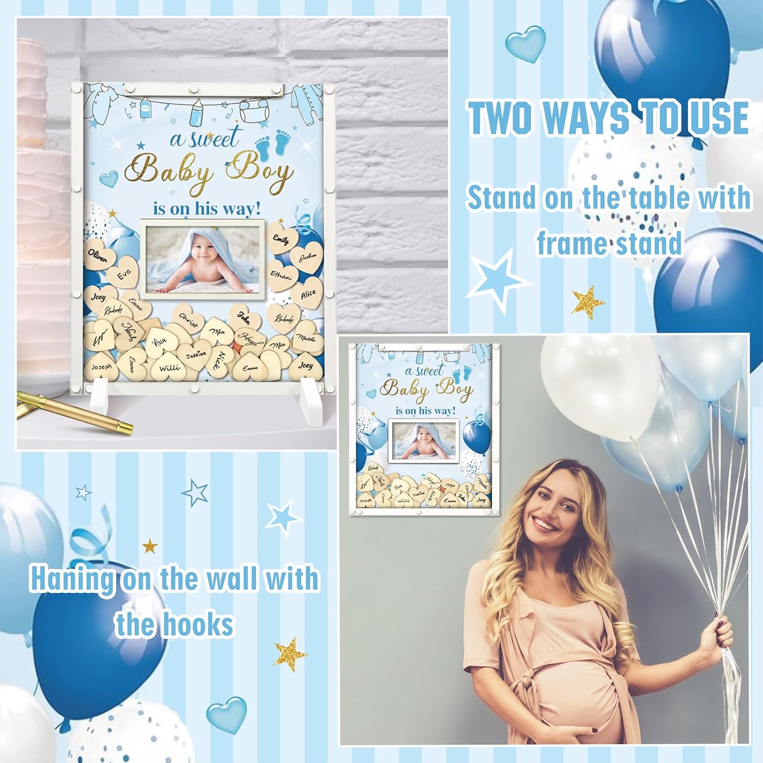 Beeveer 65 Pcs Baby Shower Guest Book Alternatives for Boy Blue Baby Shower Sign in Guest Book with Picture Frame and 60 Wooden Heart Chip and Blue Signature Board Keepsake Gifts