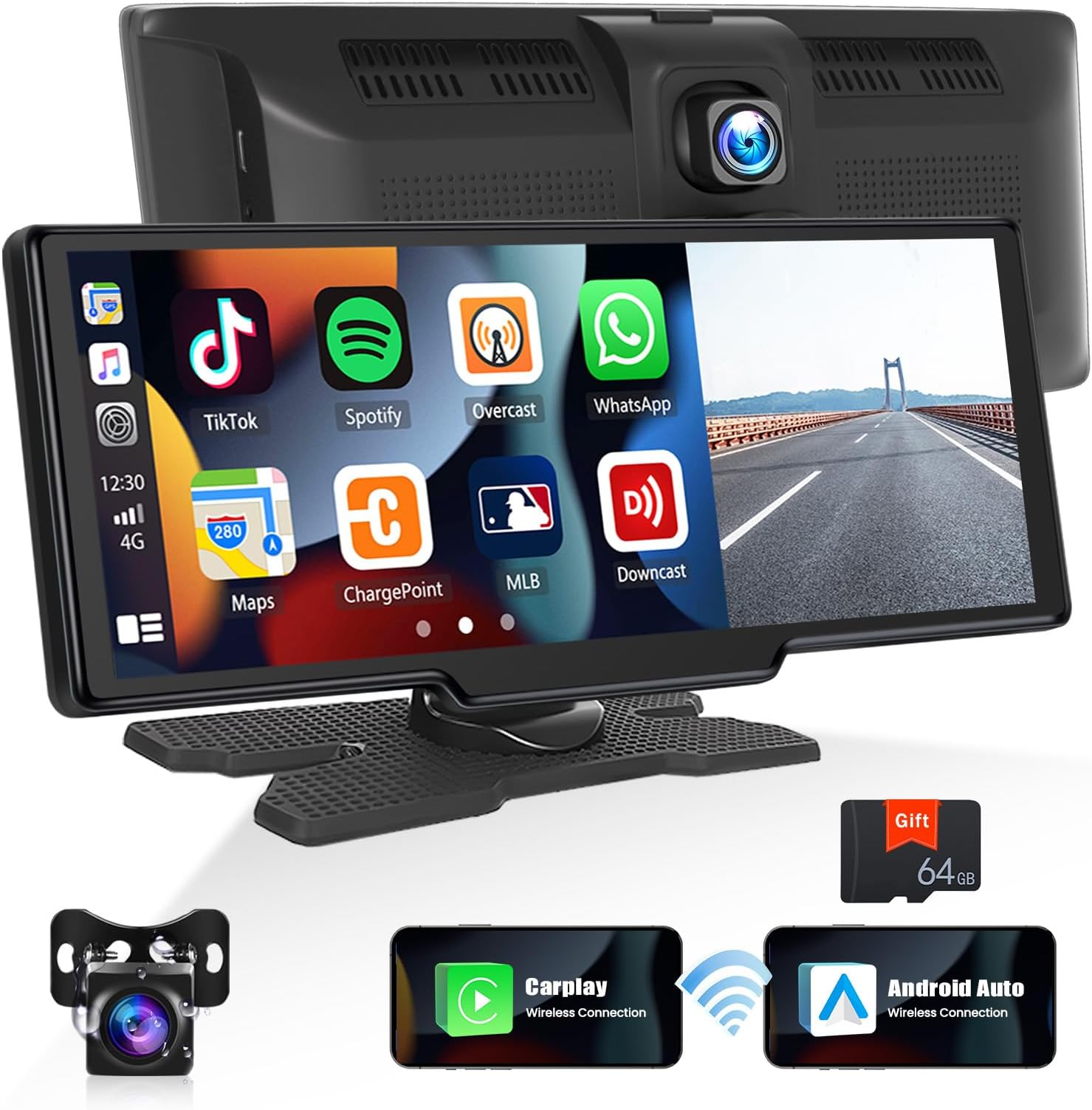 UNITOPSCI Portable Wireless Apple CarPlay Car Stereo with 2.5K Dash Cam & HD Backup Camera 9.3 Inch IPS Touch Screen Android Auto Car Play Screen, Bluetooth, GPS Navigation, 64G TF Card, DVR