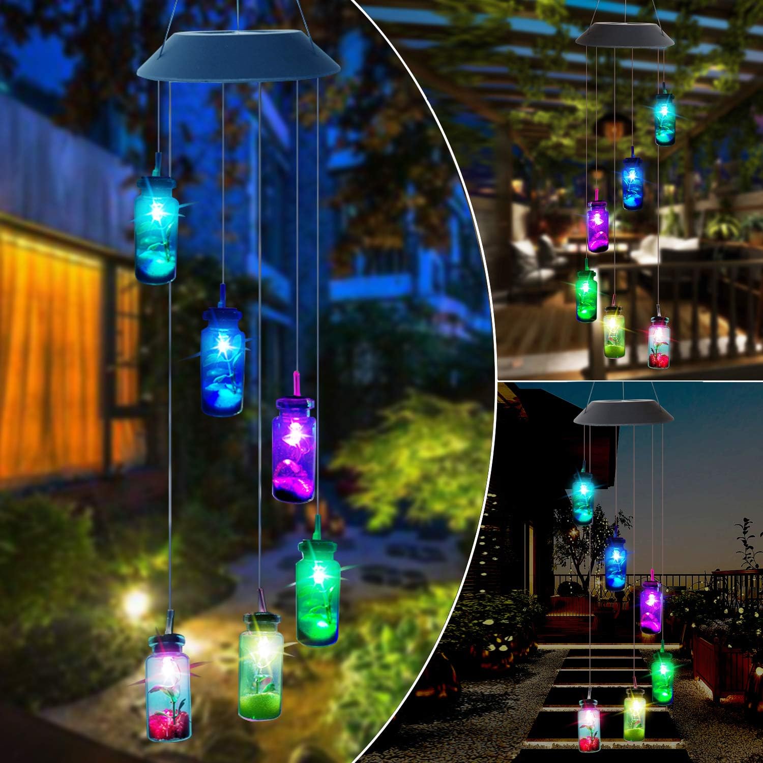 ZXICH Wind Chimes Outdoor Solar,Hanging Lamp Wind Bell,Changing Color Waterproof Wish Bottle Patio Garden Yard Decoration Wind Spinners Lights,Party Night Home Decor Gifts for Kids,Sister,Mom,Grandma