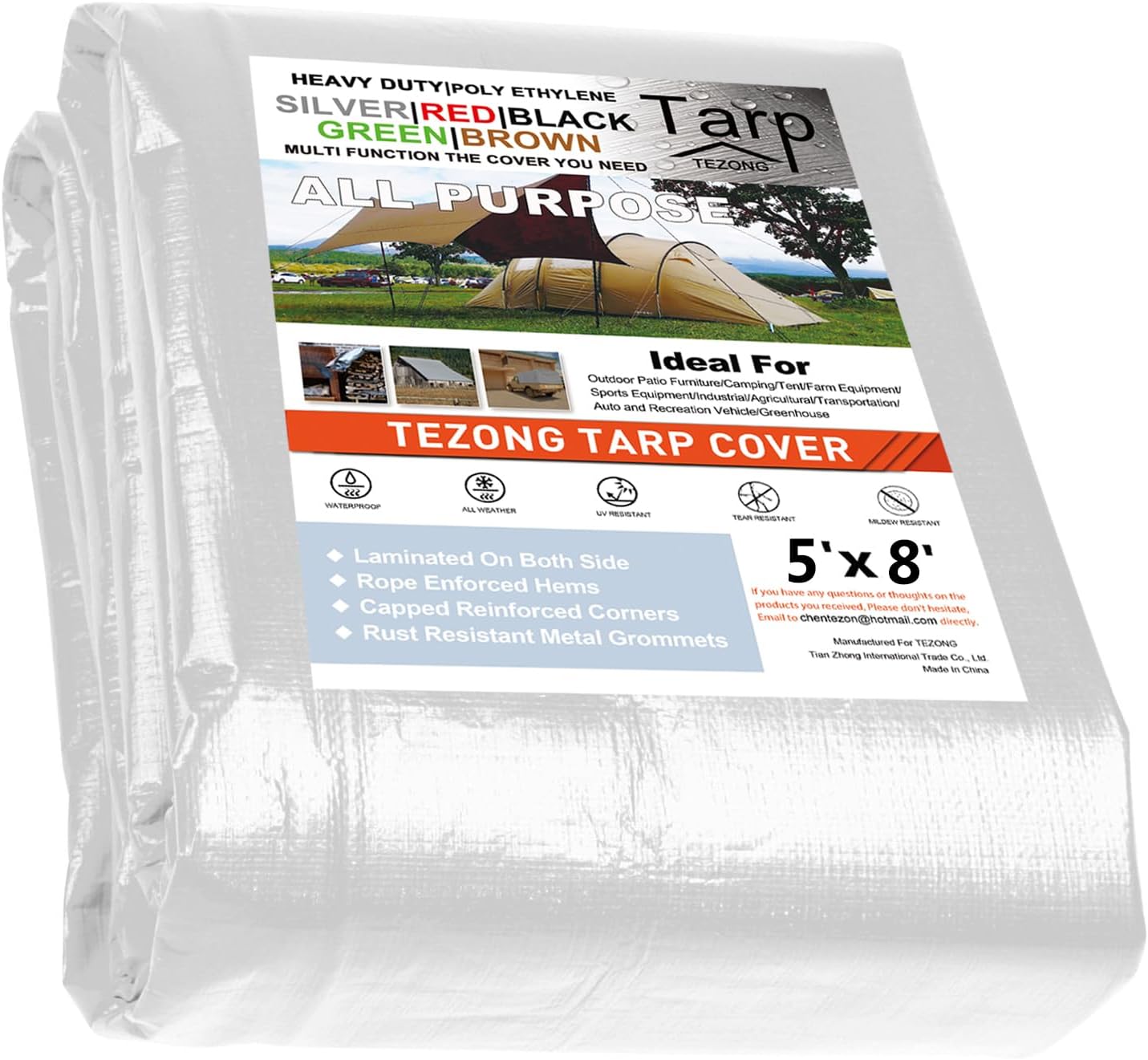 Tarps Heavy Duty Waterproof 5x8ft,TEZONG White Poly Tarp