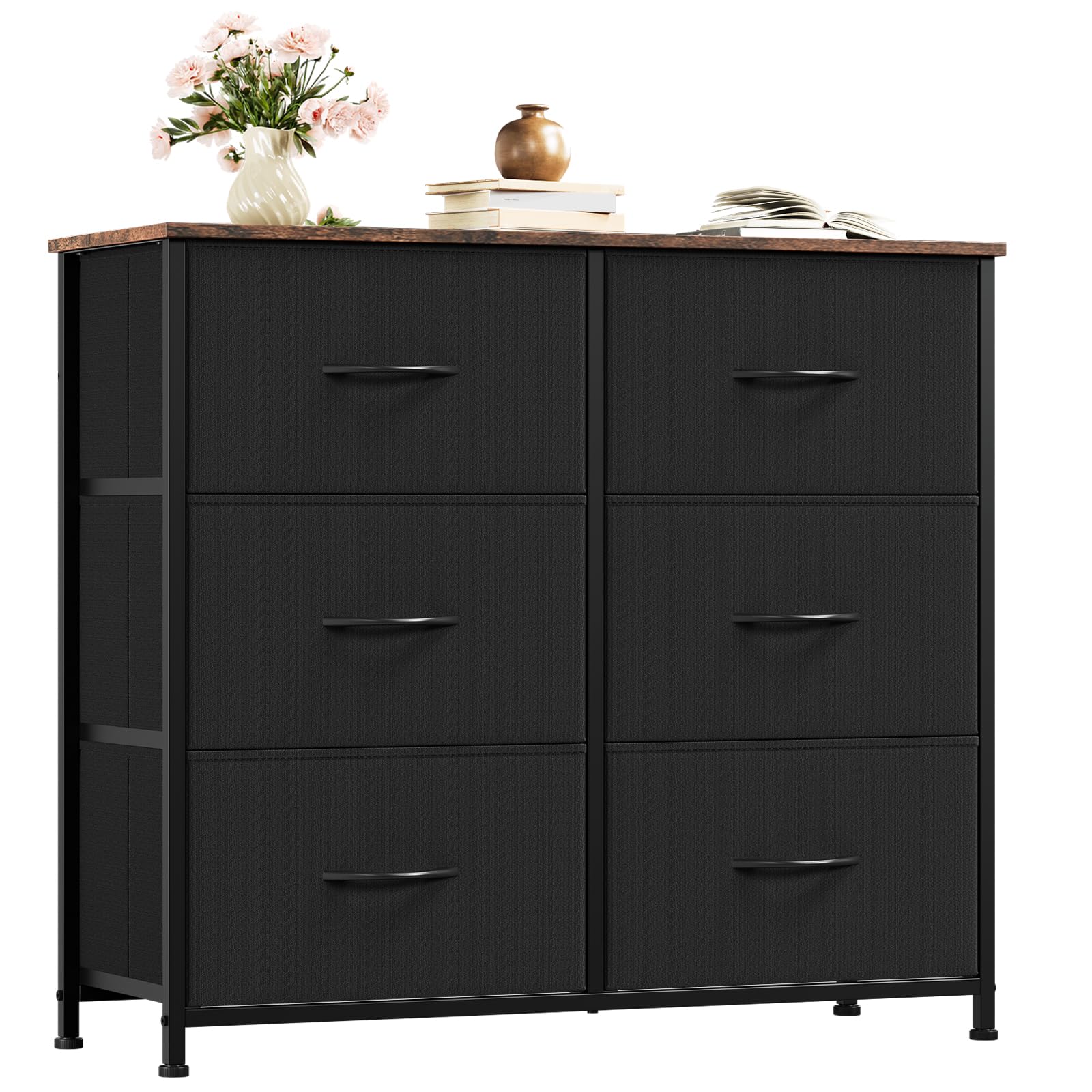 Somdot Dresser for Bedroom with 6 Drawers, 3-Tier Wide Storage Chest of Drawers with Removable Fabric Bins for Closet Nursery Bedside Living Room Laundry Entryway Hallway, Black Rustic Brown