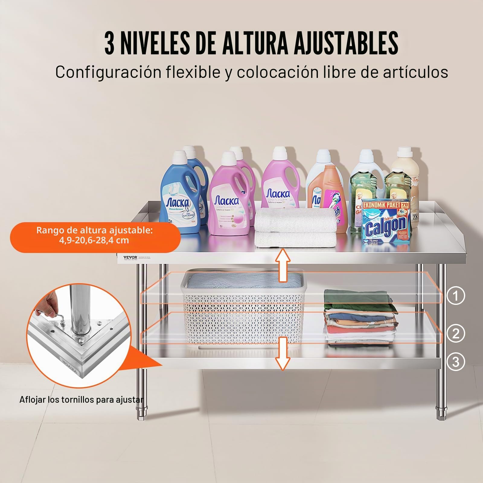 VEVOR Mesa de Trabajo de Acero Inoxidable 76,2 x 121,9 x 66 cm, Mesa de preparación de Alimentos con Respaldo a 3 Lados, Altura Ajustable, Mueble de Almacenamiento, para Cocina, Restaurante, Bar