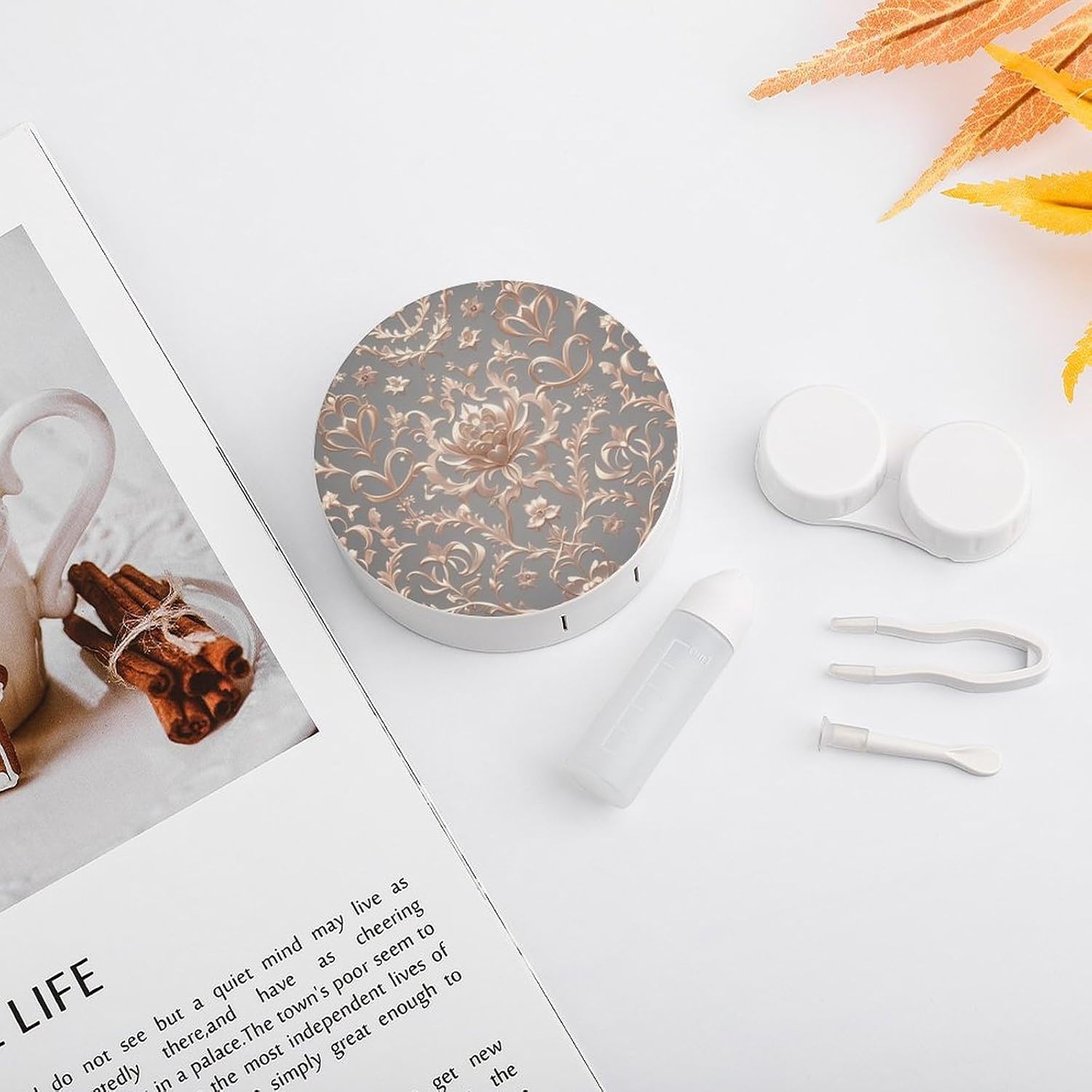 Rose Gold Wallpaper Contact Lens Case with Cleaner Washer Cute Contact Lens Soak Storage Holder Container with Mirror Mini Portable Contact Lens Box Set for Travel Outdoor Use