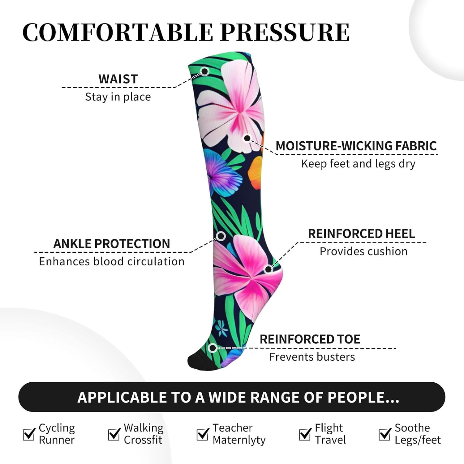 Colorful flowers Unisex compression socks that promote blood circulation and are suitable for running, traveling, sports, and other activities.