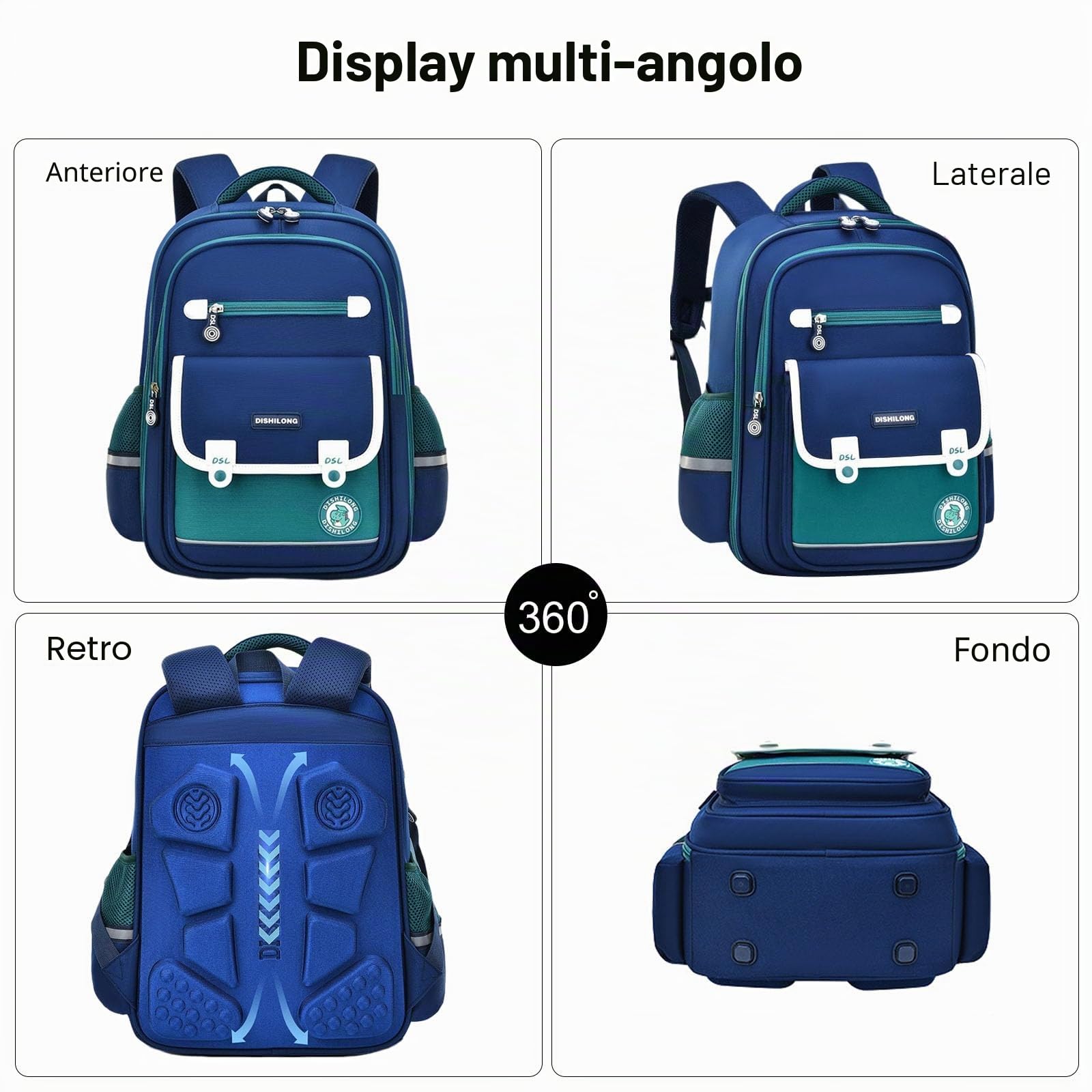 FANDARE Zaino per bambini Zaini Casual Zaini Cartelle Zaino Scuola per grado 4-9 Borse Elementare Zaino Ragazze Ragazzi Zainetto per Studenti Primarie Viaggiare Uomo Donna Zainetto Blu verde L