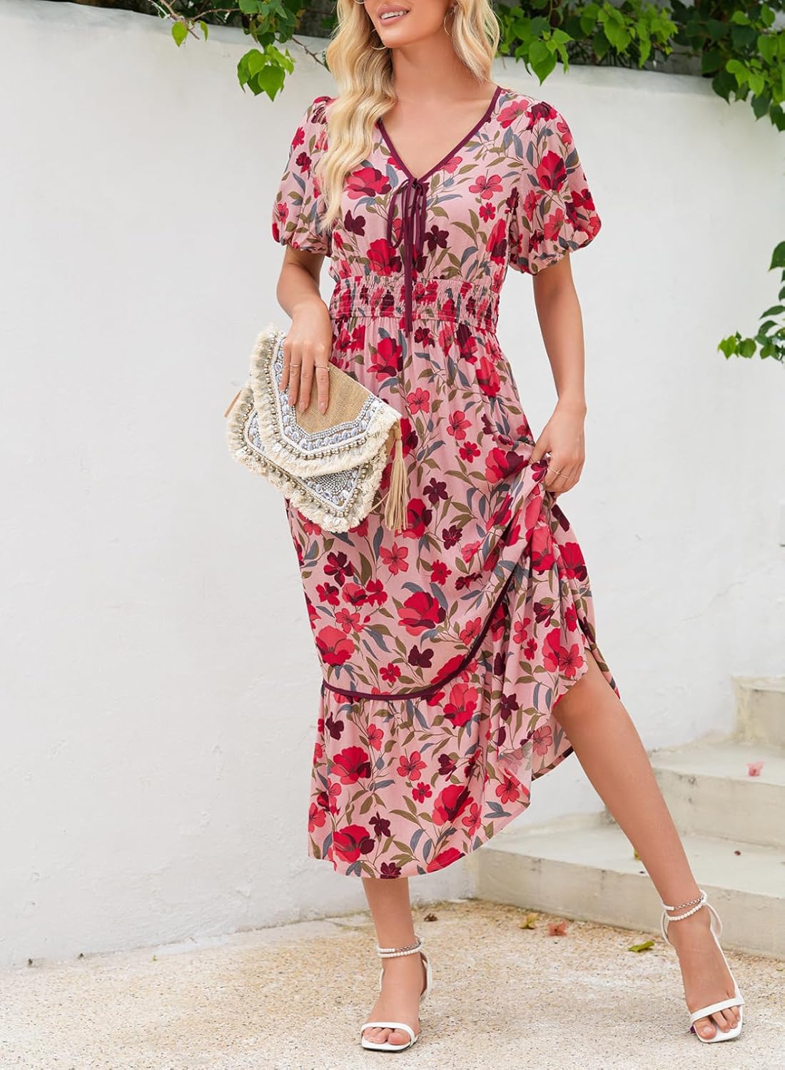 Dokotoo Womens Tie Front V-Neck Empire Waist Dress Summer Short Sleeve Smocked Wedding Guest Dress Floral Maxi Dresses - Image 6