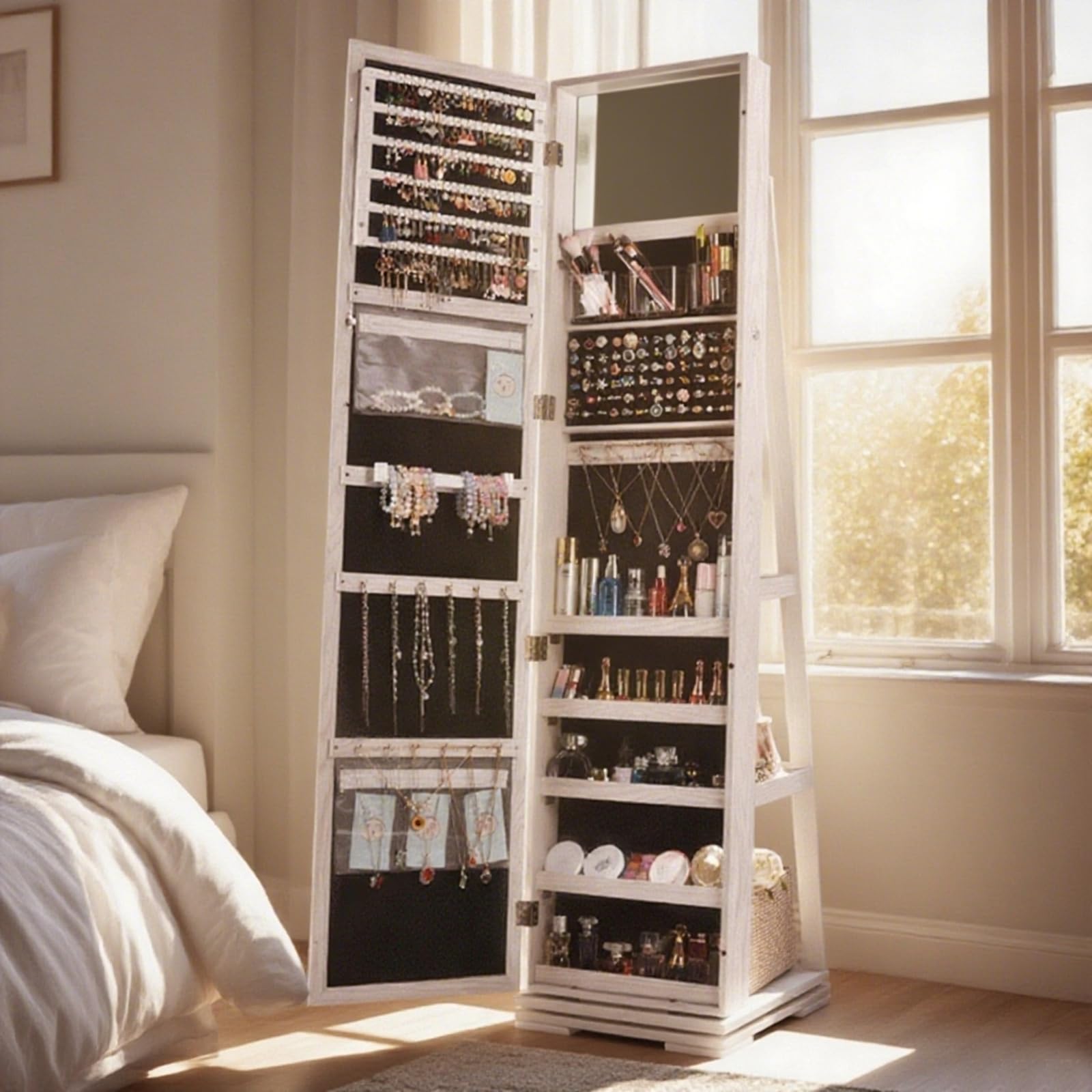 sogesfurniture Armoire à Bijoux sur Pied, Armoire de Rangement cosmétiques avec Miroir Plein Longueur et Étagères Arrières, Rangement Bijoux Verrouillable, Pivotante à 360°, Blanc