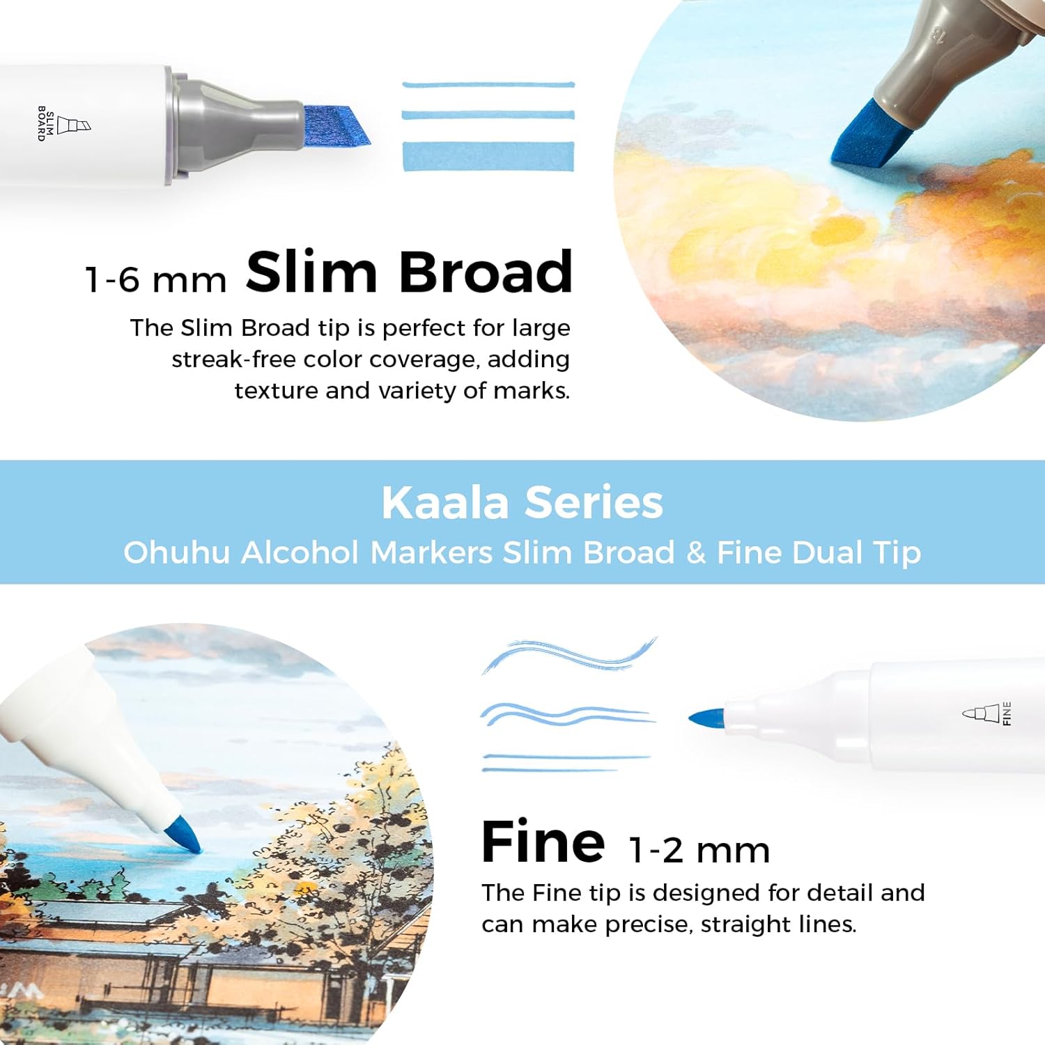 Ohuhu Alcohol Markers Double Tipped Slim Broad and Fine Art Marker for Artists Adult Coloring Drawing Landscape Sketch - 60 Colors Kaala Markers Refillable Art Pen Gift