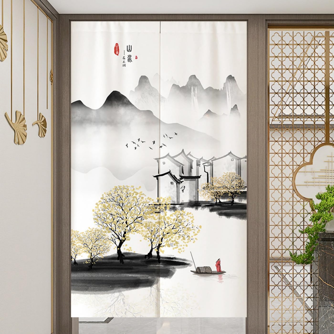 Guest Ruyunlai Japanese Noren Doorway Curtain, M16 Ink Painting, 85x120cm