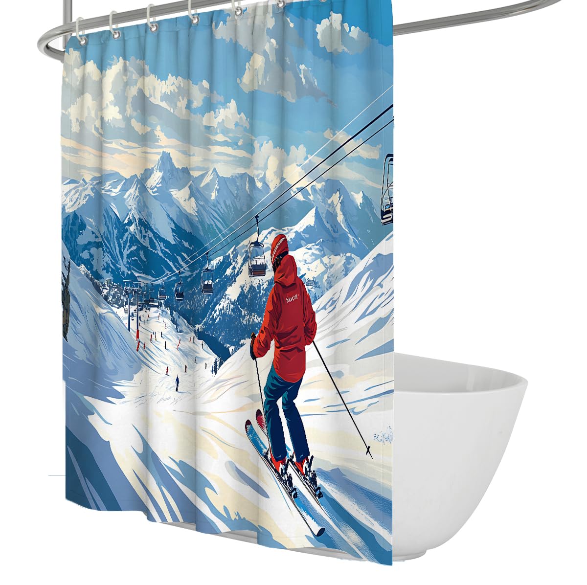 Winter Skisport Skifahrer Schneeberg Duschvorhang W240xL180 cm