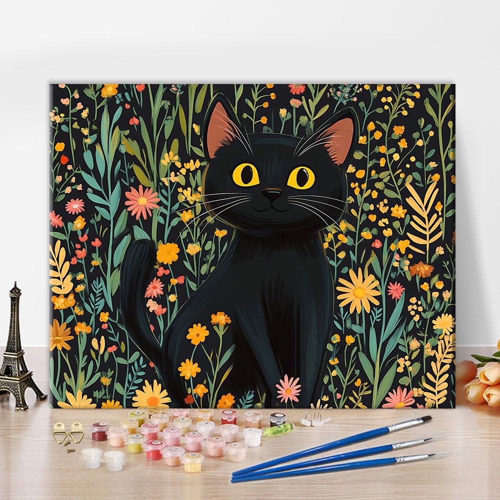 TISHIRON Adult Paint by Number, Paint by Numbers Kit for Adults - Black Cat Sitting in a Lush Field of Flowers, Cute Animal Art, Painting by Numbers on Canvas - 16x20 Inch