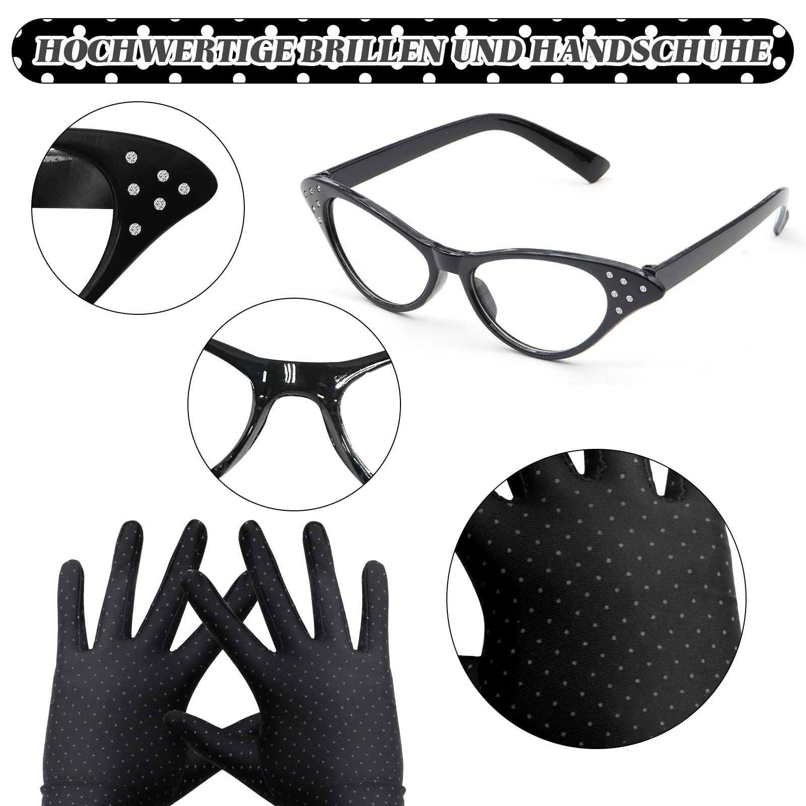 VEGCOO 6 Teiliges Rockabilly Accessoires Damen,50er Jahre Kostüm Damen Vintage Kleidungszubehör einschließlich Stirnband Handschuhe Brillen Requisiten Set