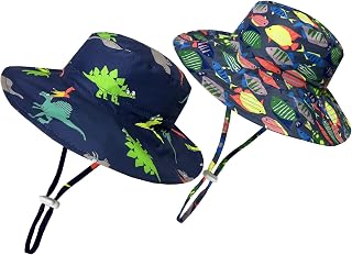 Toddler Boys Summer Beach Caps Sun Protection Baby Bucket Hat Light Weight Outdoor Hats (as1, Age, 4_Years, 2 Pack:Colorful Dino+Fish)