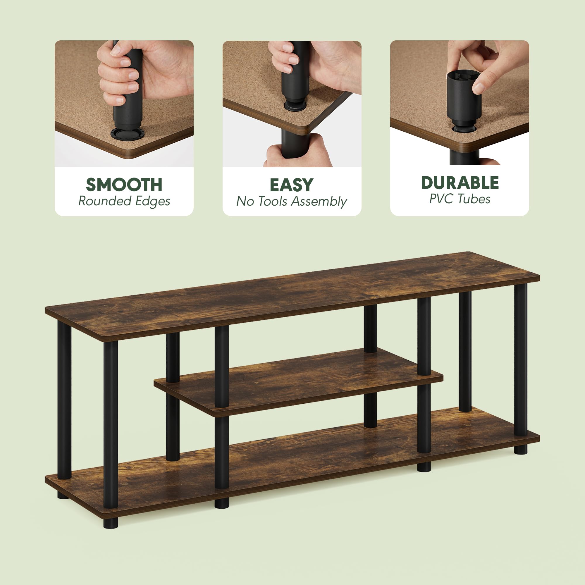 Furinno Turn-N-Tube Muebles TV sin Herramientas, Engineered Wood, Ámbar Pino/Negro, 3 Niveles