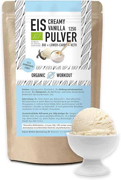 Lower-Carb* Vanille Eis Mix - Cremiges Eis mit Erythrit gesüsst, bio, ohne Zucker-Zusatz nur 2,5 g verwertbare Kohlenhydrate - keto ohne Maltit - glutenfrei, bio - 125 g, Organic Workout - 1