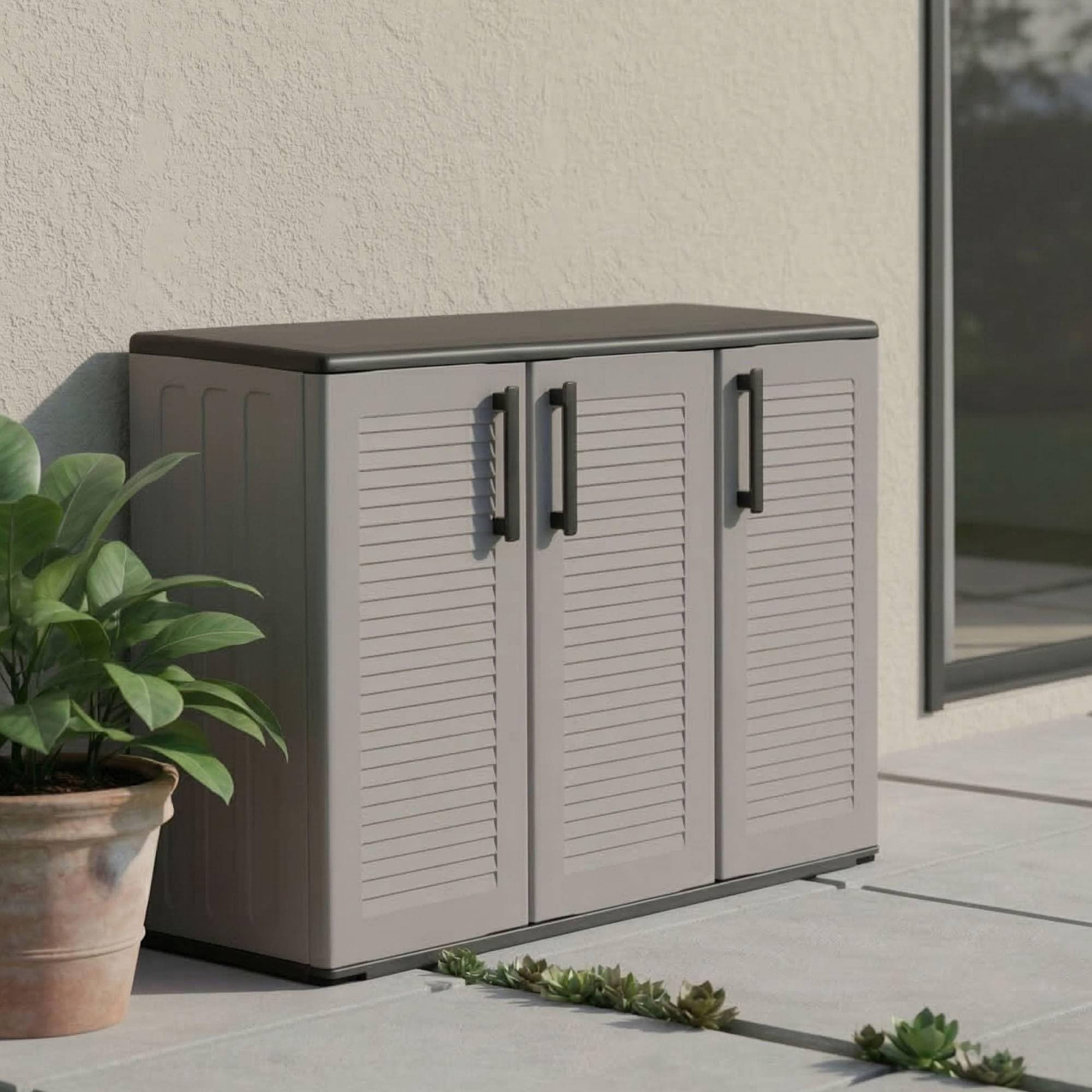Dmora - Armadio da esterno Gesves, Mobile balcone multiuso, Armadietto outdoor 3 ante, 100% Made in Italy, 102x37h84 cm, Grigio e Nero, Finitura righe