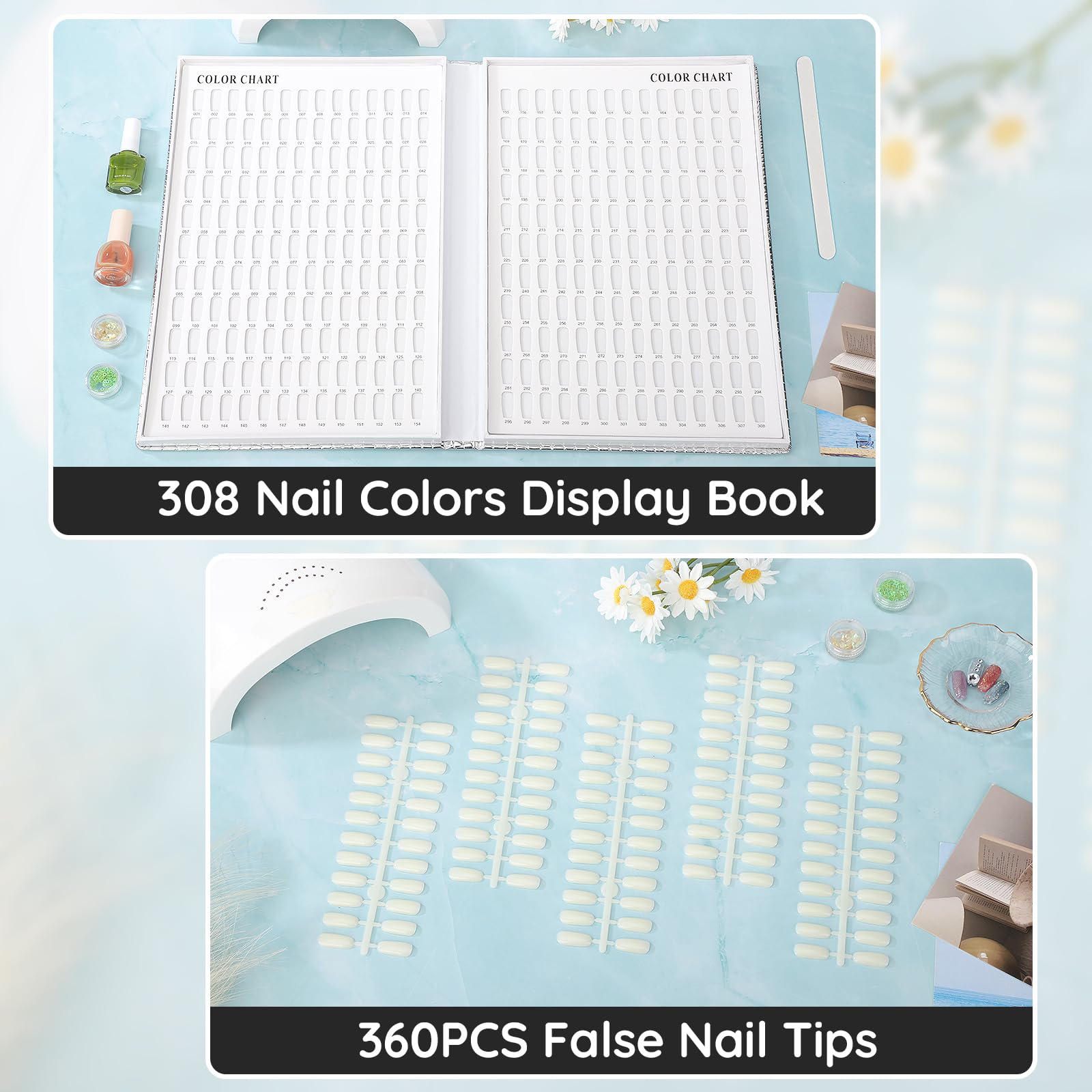 Segbeauty Nuancier Ongles Livre, 308 Couleurs Nail Affichage Graphique Couleur, avec 360 Faux Ongles, pour Présentation de Nail Art, Salons de Manucure (Argent)