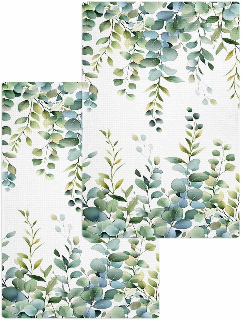 Eucalyptus Green Hand Towels Set,Waffle Weave Kitchen Towels 2 Pieces,Gradient Leaves Retro Watercolor Plant Microfiber Hair Face Bath Tea Towel Absorbent Drying Cleaning Dish Cloths,15.7"x23.6"