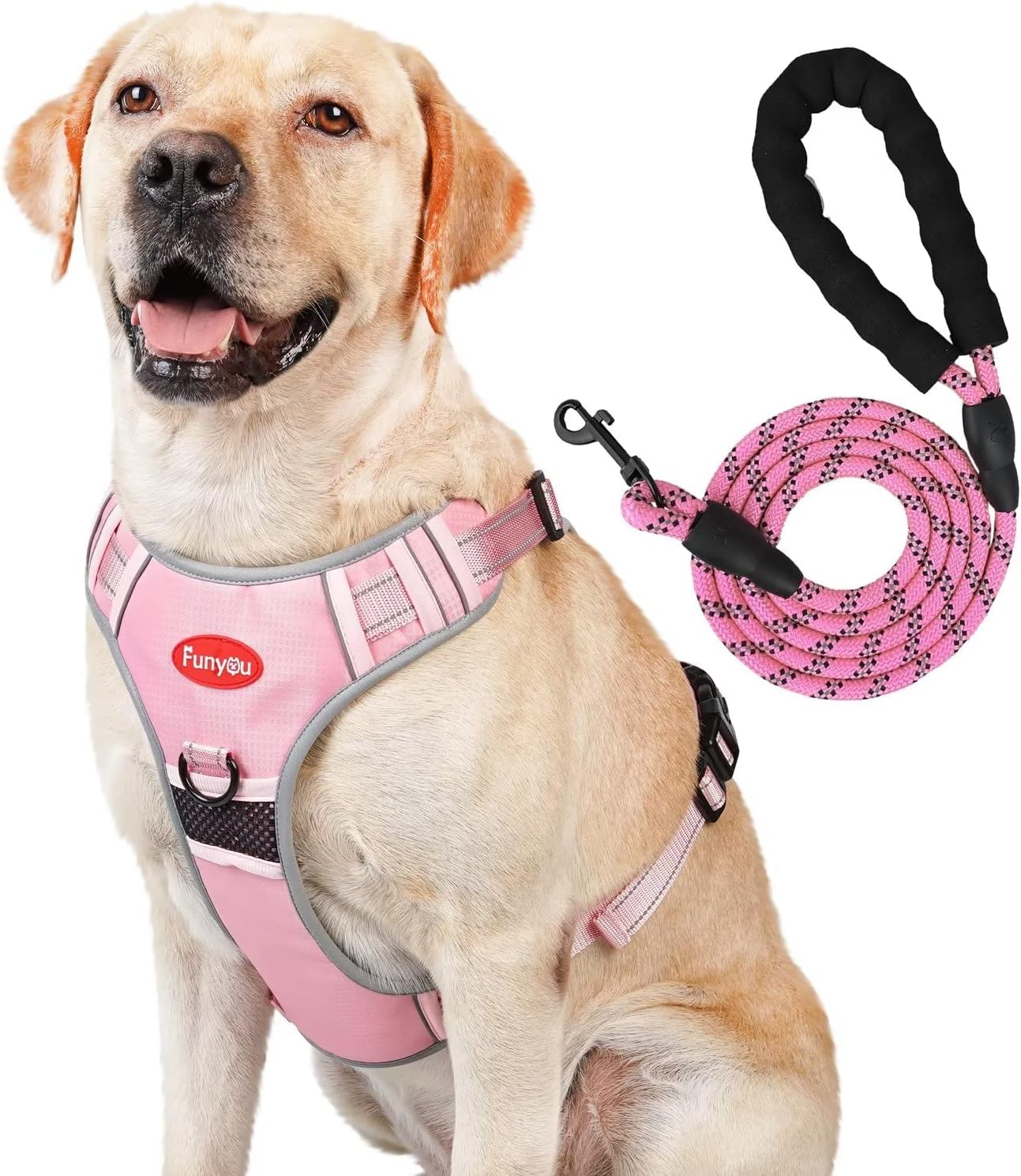 Funyou Dog Harness for Large Dogs No Pull with 2 Leash Clip and Soft Handle Adjustable Dog Vest Harness 360° in Reflective Free Leash Pink