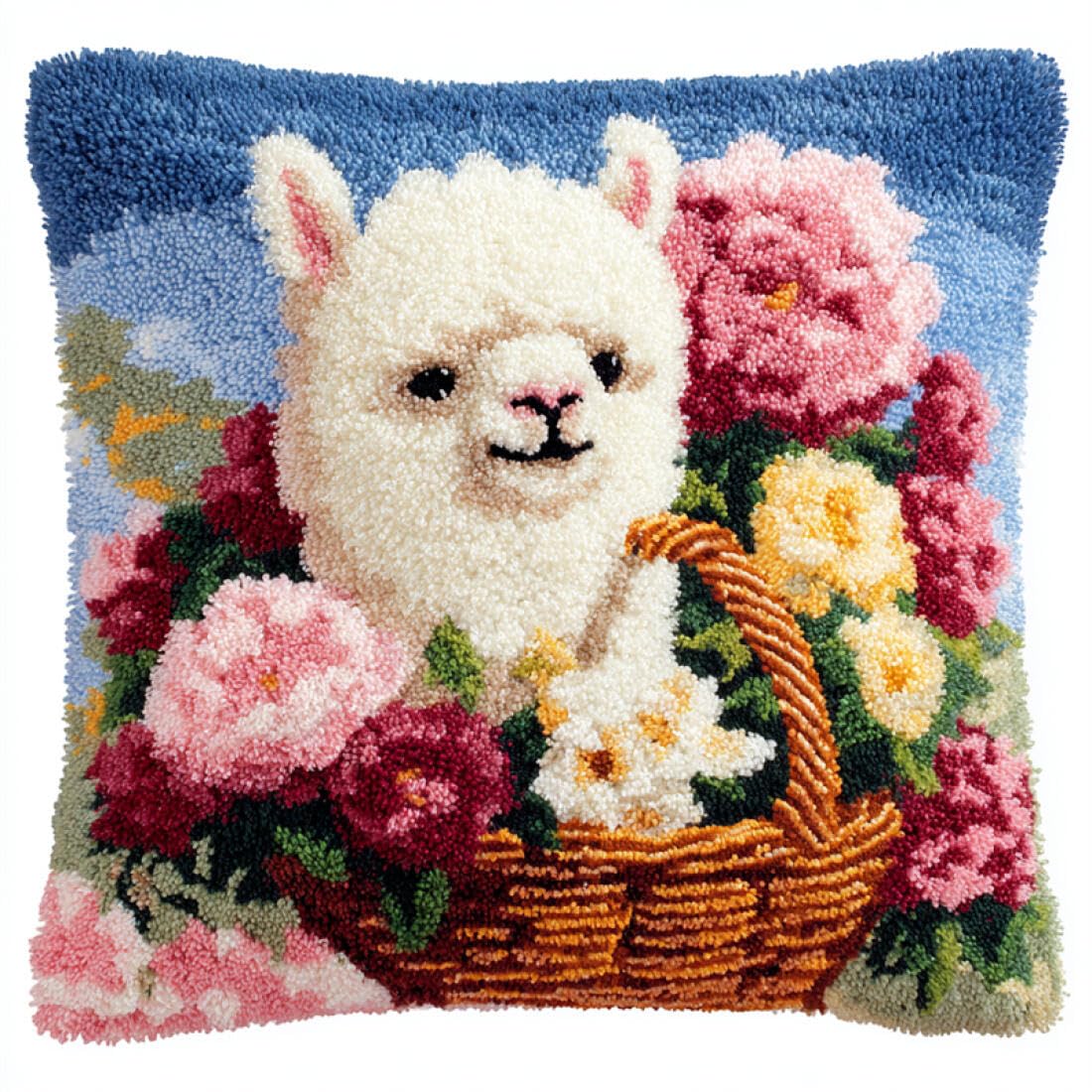 Kitquiver Animal Latch Hook Cushion Set Alpaca in The Flower Basket DIY Latch Hook Kits Pillow Needlepoint Cushion Kit for Home Décor Needlework Set for Adult Beginners 17x17In