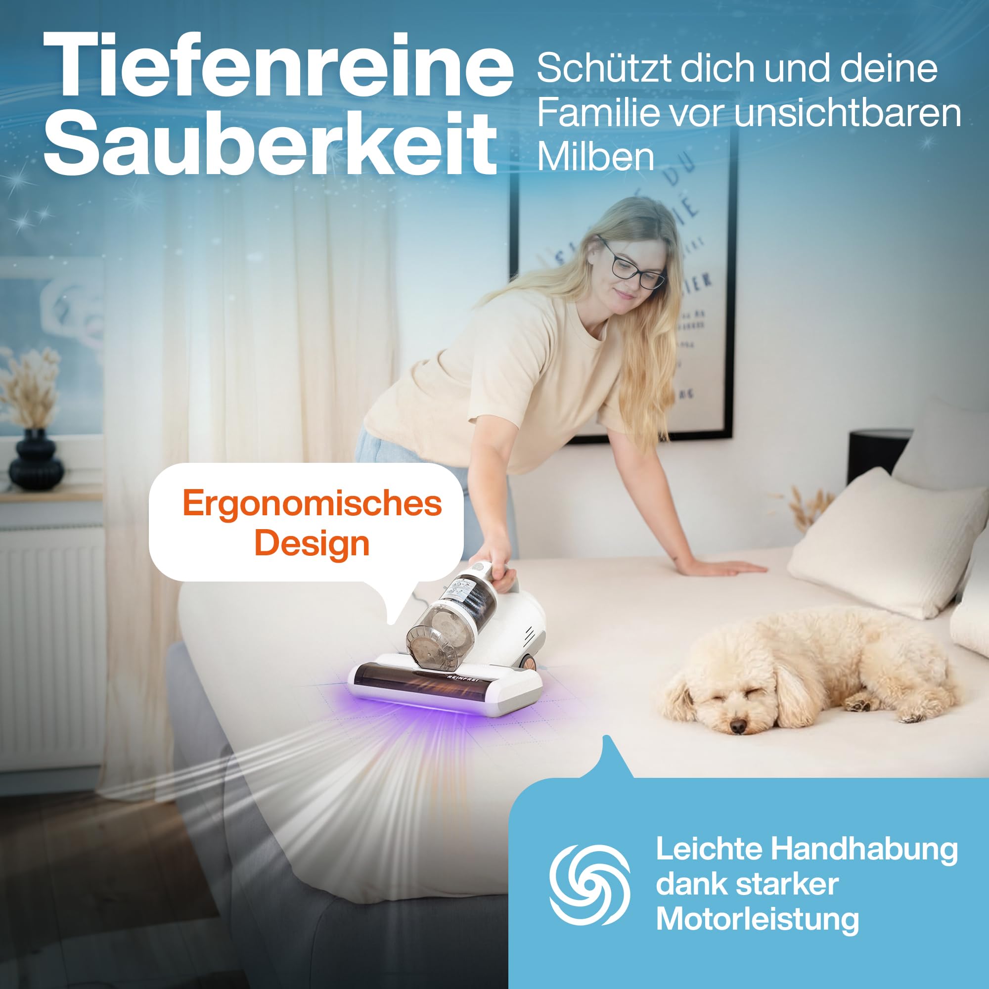 Milbensauger für Matratzen – 600W Matratzensauger gegen Hausstaubmilben – Matratzensauger Milben mit Heißluft, Ultraschall & Vibration – Bett Staubsauger mit Zwei Bürsten & 5m Kabel