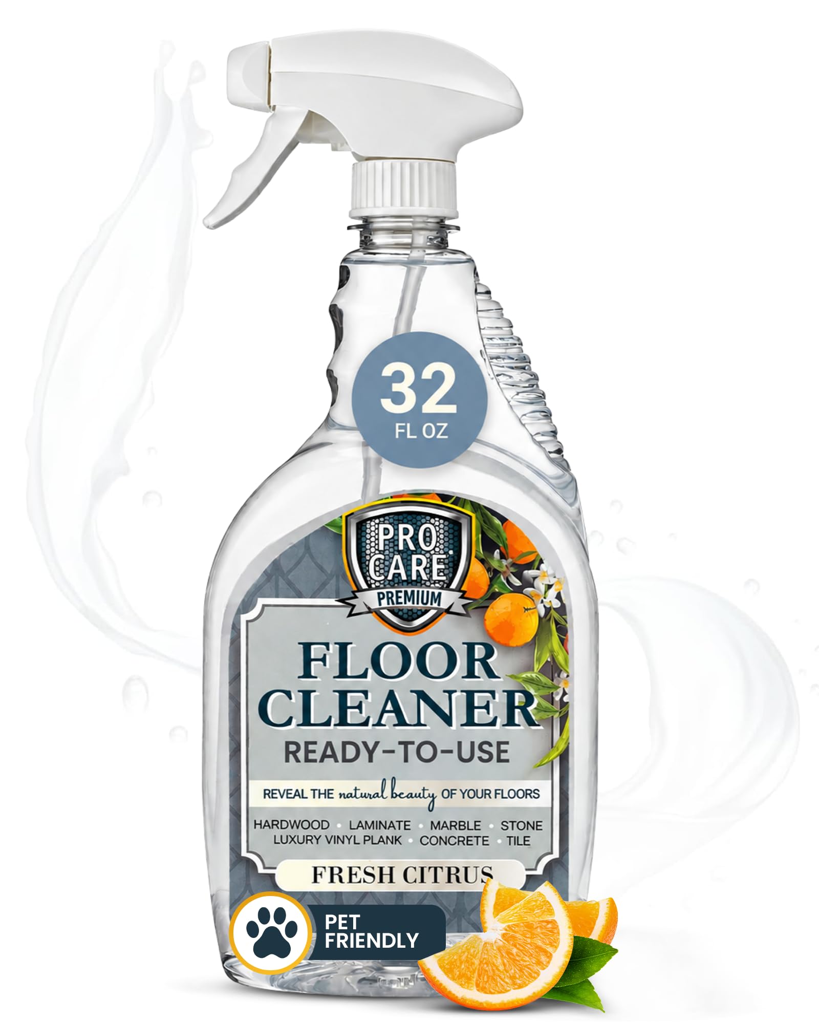 ProCare Citrus Floor Cleaner (Made in USA) | Streak Free Cleaner for Tile, Stone, Laminate, Vinyl &amp; Natural Wood Floor Cleaner for Mopping, Floor Cleaning Solution with Citrus Aroma -32oz Spray Bottle