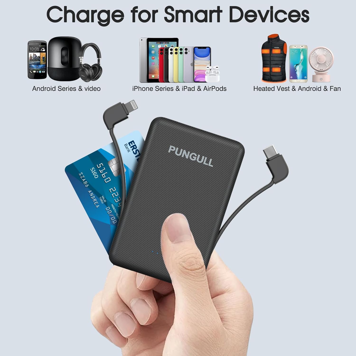 Slim Portable Charger 5000mAh - Compact Mini Small Power Bank Built-in Cable Cute Mobile Cell Phone External Battery Pack 5V 2.1A USB-C Compatible with iPhones 6/7/8/X/XS/XR/11/12/13/14 Airpods - Image 7