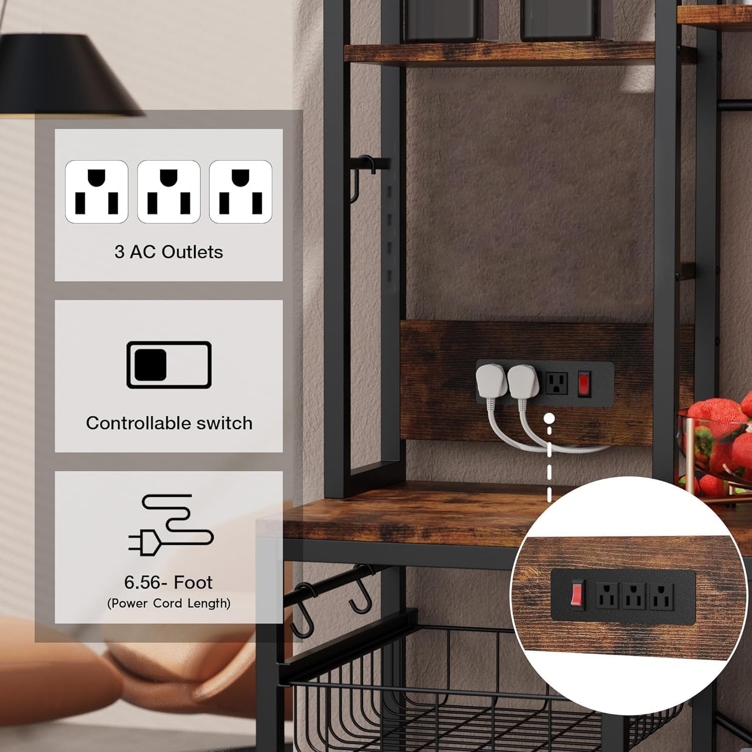 Kitchenshelf Baker’sRack CoffeeBar - , 6-Tier Microwave Stand with Power Outlet, , Coffee Bar with 12 S-Shaped Hooks, Adjustable Feet Pads&150lbs CapacityKitchen Shelf with Wire Basket, Rustic Brown