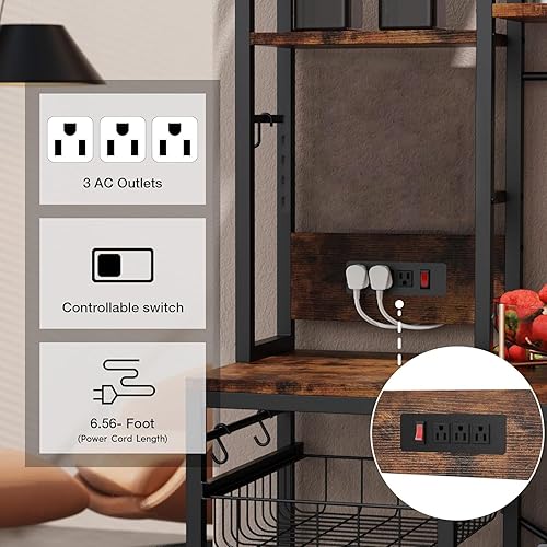 Miniatura 6 de Luckyeestar Estante de cocina de pie de 5 niveles con toma de corriente, soporte de microondas de 5 niveles, barra de café con 6 ganchos en forma de