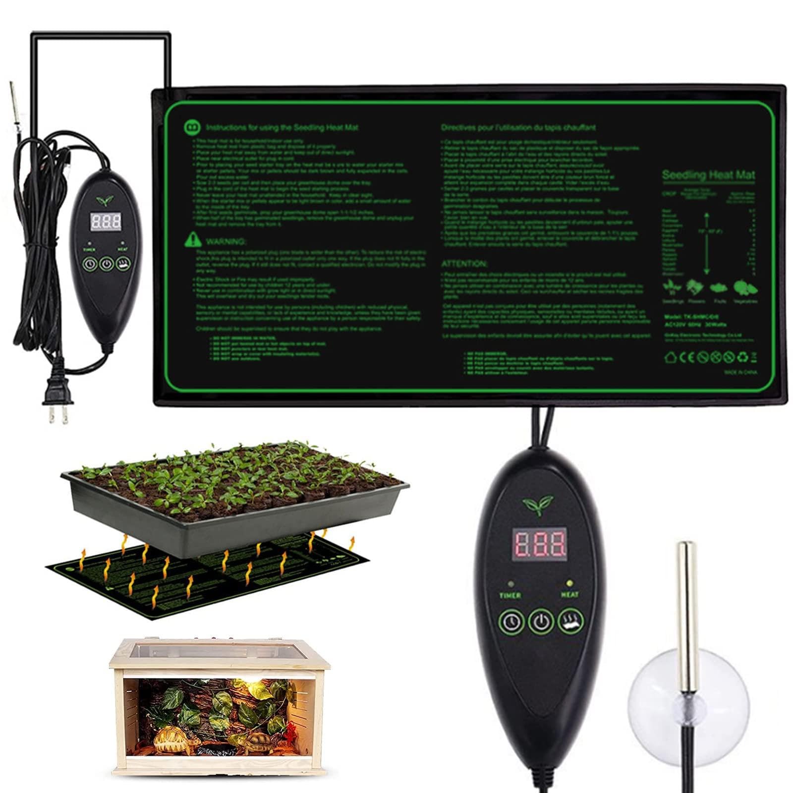 Tappetino Riscaldante Impermeabile per Piantine E Controller Termostato, Tappeto Termico per Serra Germinazione Anfibi Rettili con LED E Sonda Regolabile, 6 Temperature E 6 Set di Timer,10"x20"