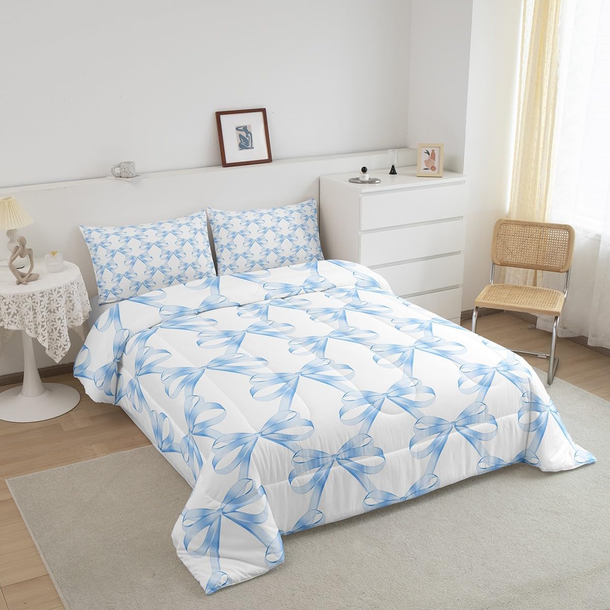 Feelyou Blue Bowknot Comforter Twin Size Dreamy Princess Style Comforter Set for Boys Girls Children Girly Cute Bow Fairy Tale Theme Bedding Set Room Decor Geometric Duvet Set 2Pcs