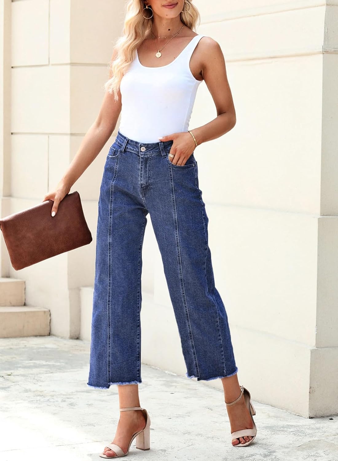 Sidefeel Women's Jeans High Waisted Wide Leg Loose Fit Straight Leg Zimbaplatinum Cropped Denim Pants - Image 5