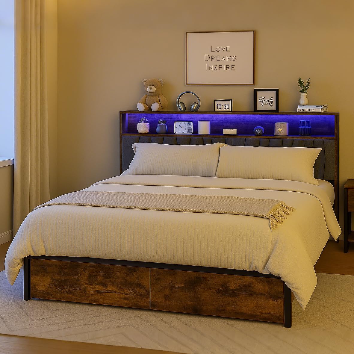 COMHOMA King Bed Frame with Headboard and Storage Drawers, Charging Station, Modern Platform Metal Frames with Wood Accents, No Box Spring Needed, Quiet and Sturdy Structure